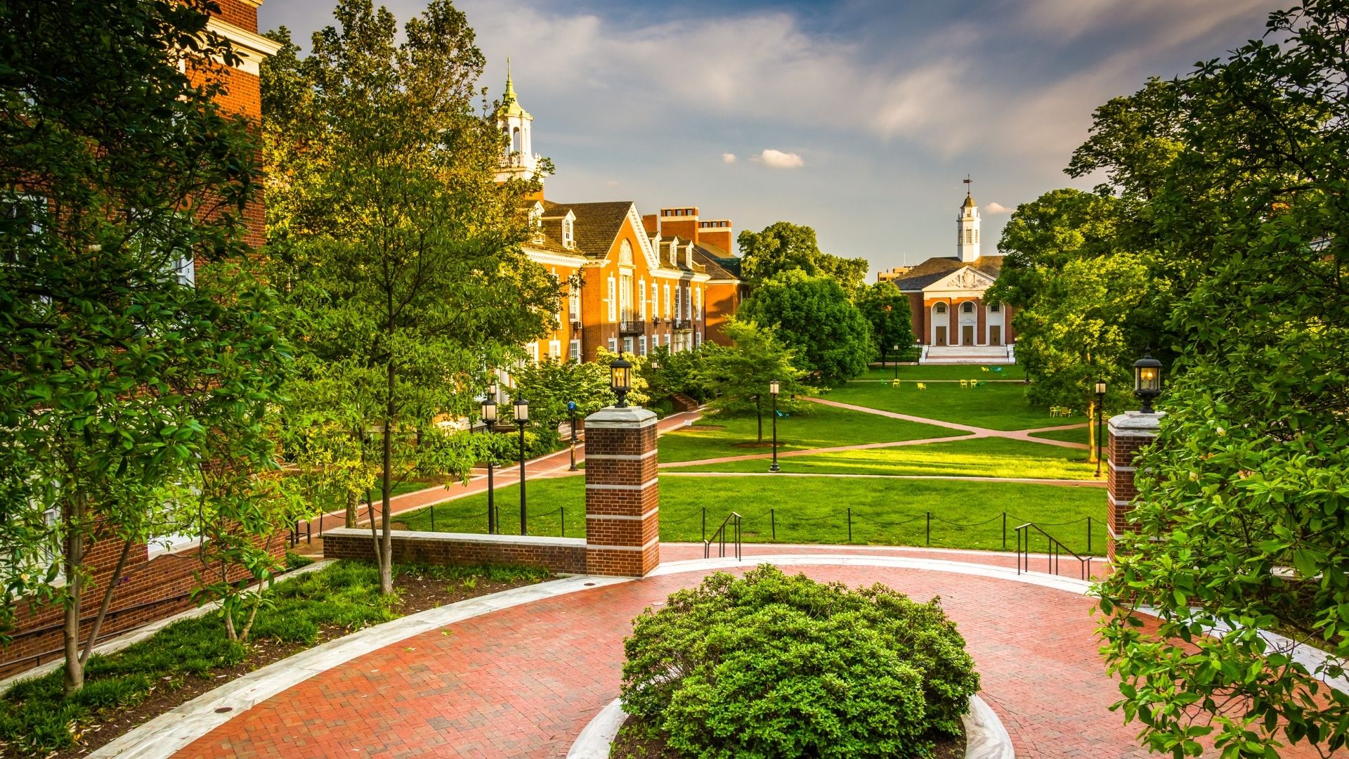 Johns Hopkins campus lawn and brick buildings