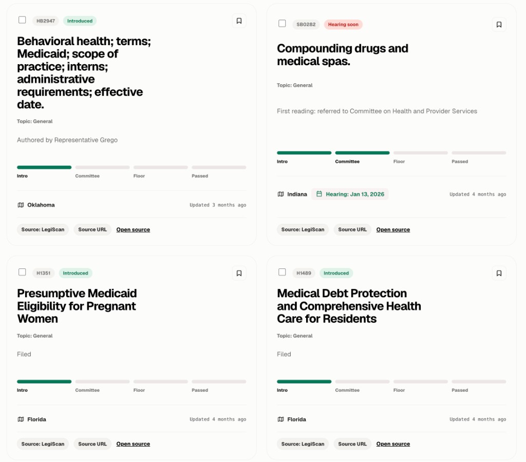 Radar showing patient-safety bill cards with bill numbers, status badges, source links, update timing, and a visible hearing date.